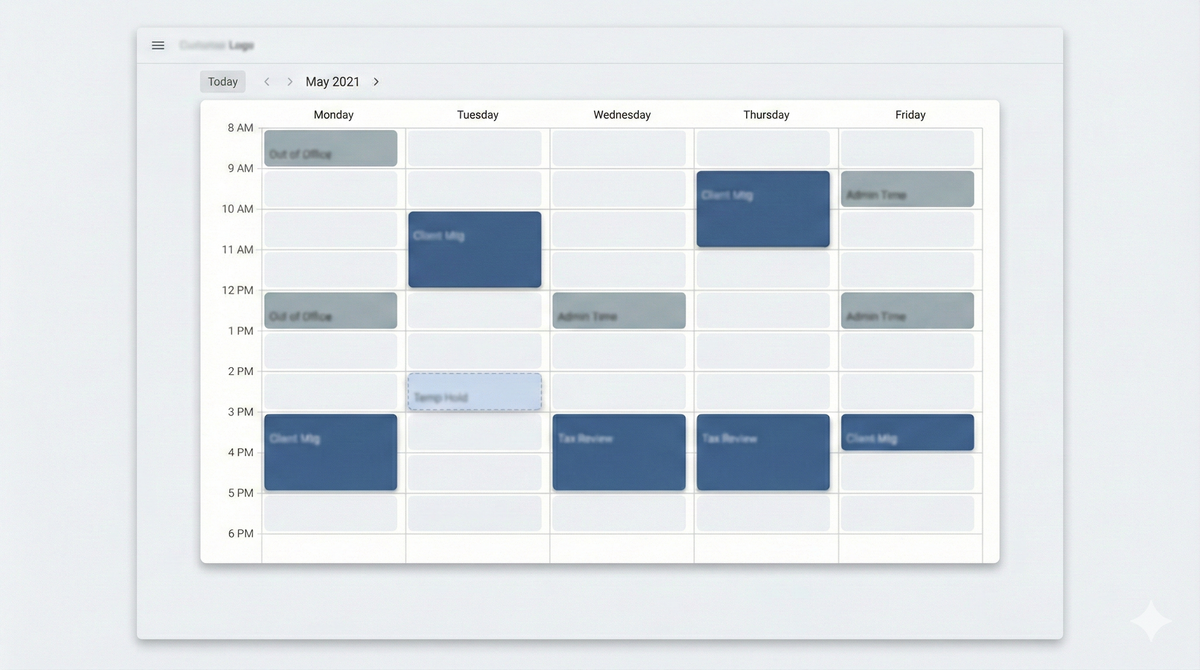 Calendario semanal con citas en diferentes estados: disponible, reservado, confirmado