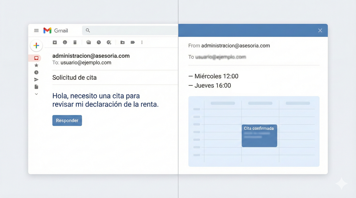 Flujo de Plazo: email de cliente solicitando cita, respuesta automática con horarios disponibles, cita confirmada en calendario